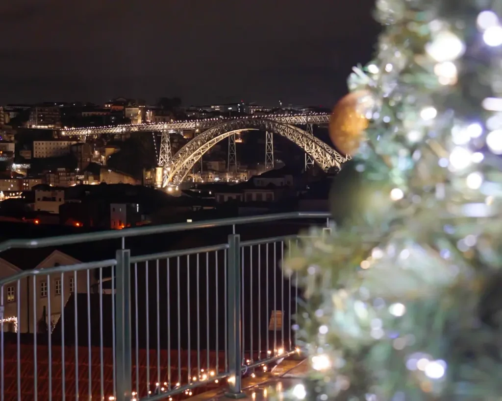 Vista World of Wine Vila Nova de Gaia Porto noite Ponte D. Luís II. Árvore de Natal